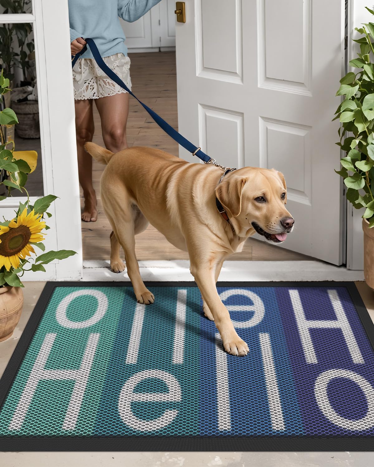 Condition photo showing New/Like New for lumi outside welcome door mat 32x47, non slip durable rubber entrance doormat, low profile easy clea