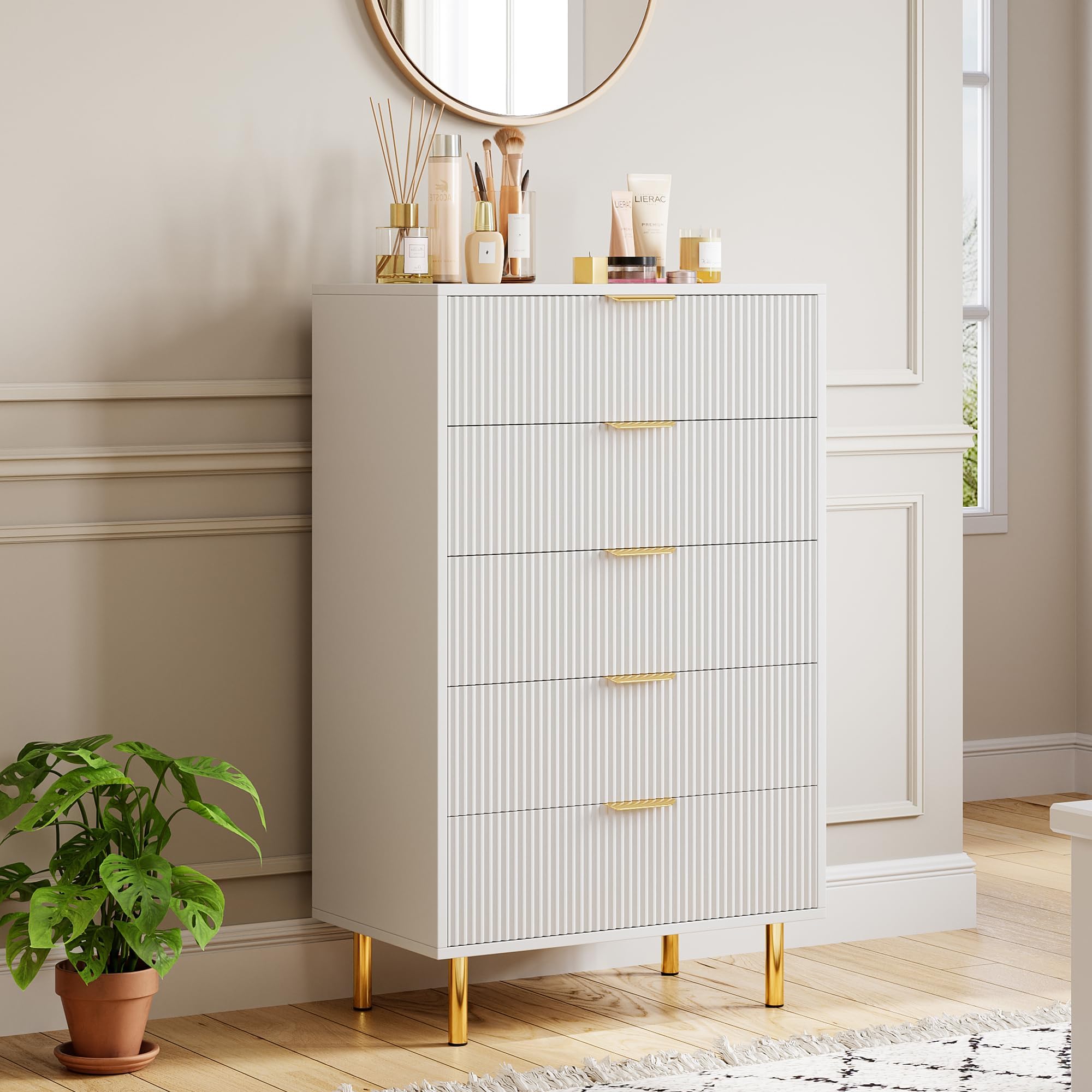 Photo 1 of *Piece damaged* GarveeHome White Dresser, Modern 5 Drawer Dresser for Bedroom with Gold Handle and Large Drawer, Wood Double Chest of Drawers and Storage Organizer for Living Room, Hallway, Entryway