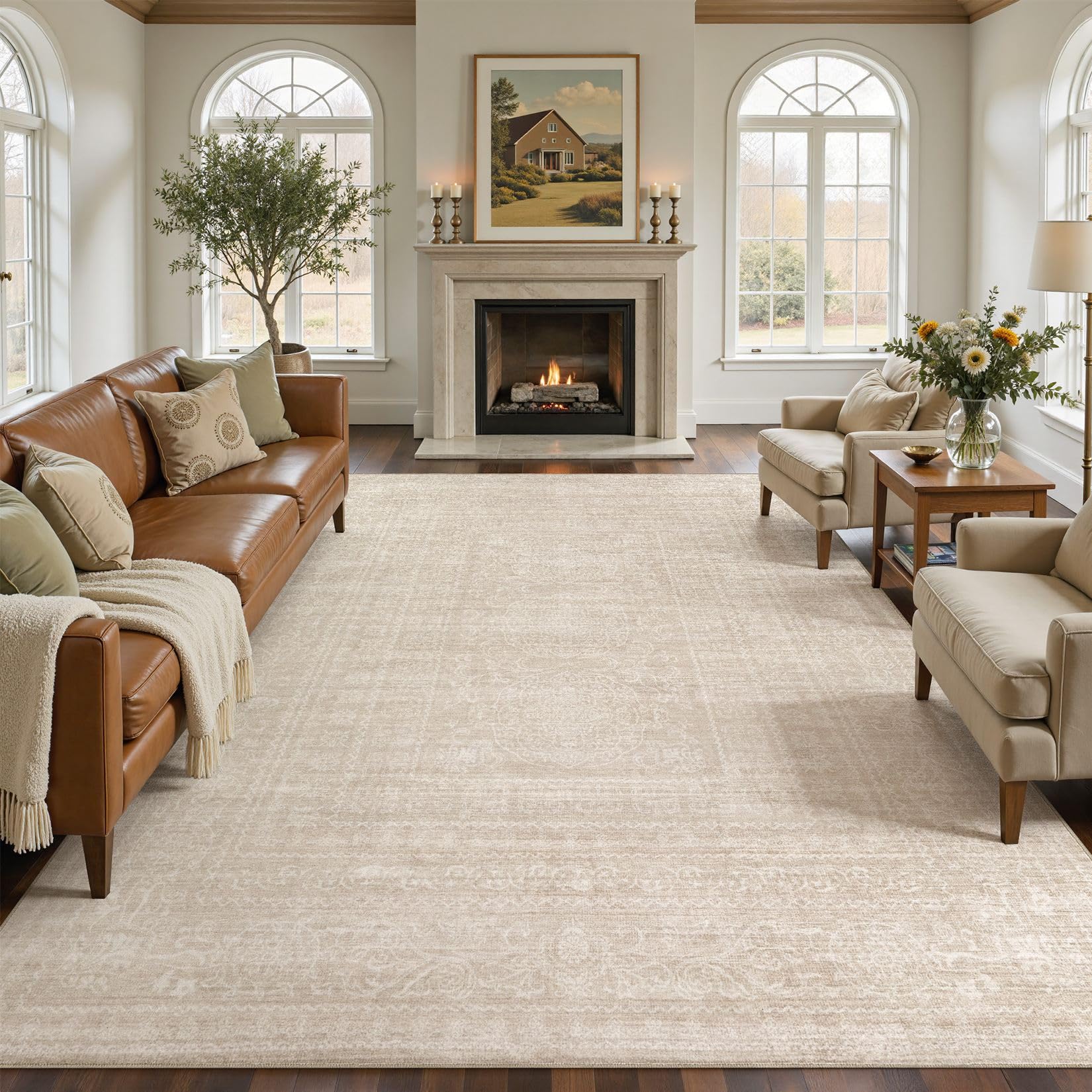 Photo 1 of Nakagishi 8x10 Area Rugs Living Room: Washable Large Vintage Beige Rug Neutral Non-Slip Soft Stain Resistant Indoor Carpet for Bedroom Nursery Dining Room Under Table Bed Home House Office Playroom