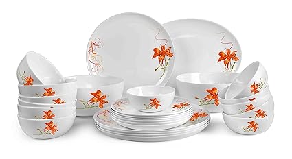 Cello Monarch Orange Lily Opalware Dinner Set, 27-Pieces, White