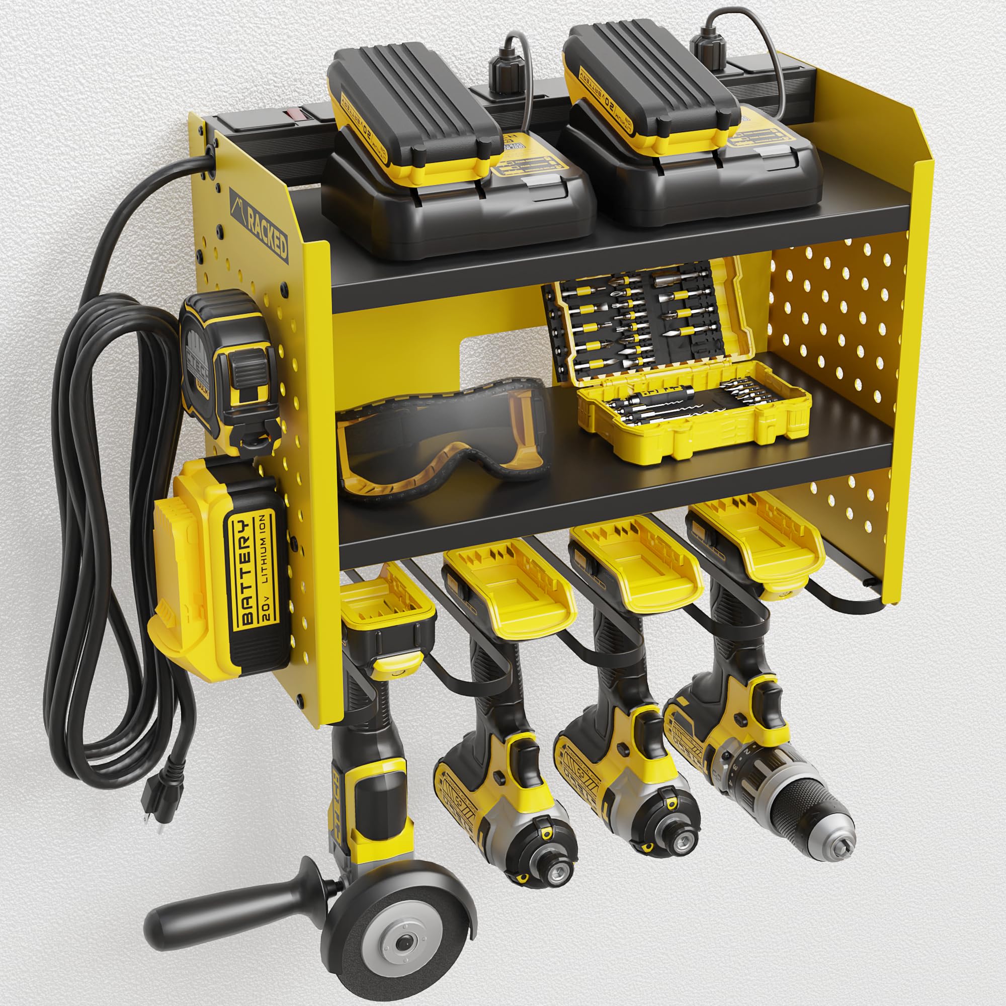 View 1 of RACKED Power Tool Organizer Wall Mount - Heavy Duty Garage Organization w Side Pegboard, Outlet Charging Power Strip & Drill Holder - Easy to Install Tool Storage Rack for Screws & More