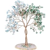 mookaitedecor Handmade Green Aventurine & Aquamarine Crystal Tree with Agate Slice Base, Bonsai Money Tree of Life for Wealth and Luck, Feng Shui Home Decor