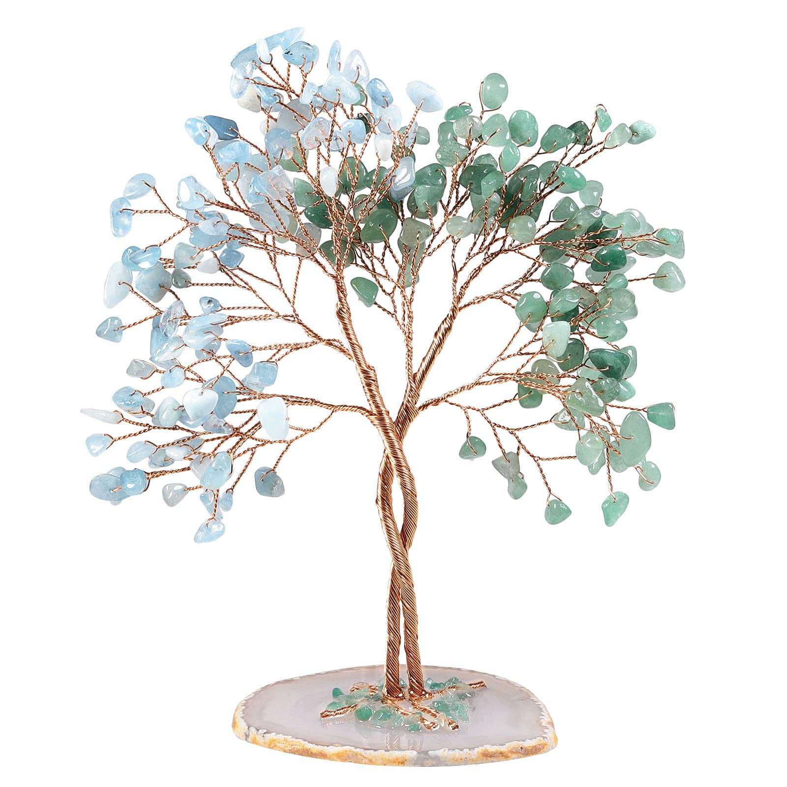 mookaitedecor Green Aventurine & Aquamarine Crystal Tree of Life Healing Crystal Money Tree with Agate Base, Green Blue Crystal Tree Good Luck Crystal Gift for Women Feng Shui Ornament Wedding Gift