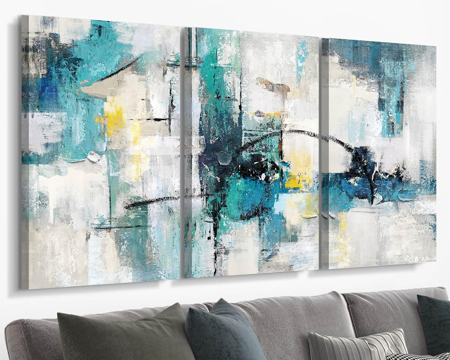Paintings - RAMEER Living Room Art Wall Painting Huge Wall Decor Abstract Wall Art Aqua Blue Yellow Pictures Wall Decor Textured Hand Painted Canvas Art for Office Business Wall Decorations 71x36in