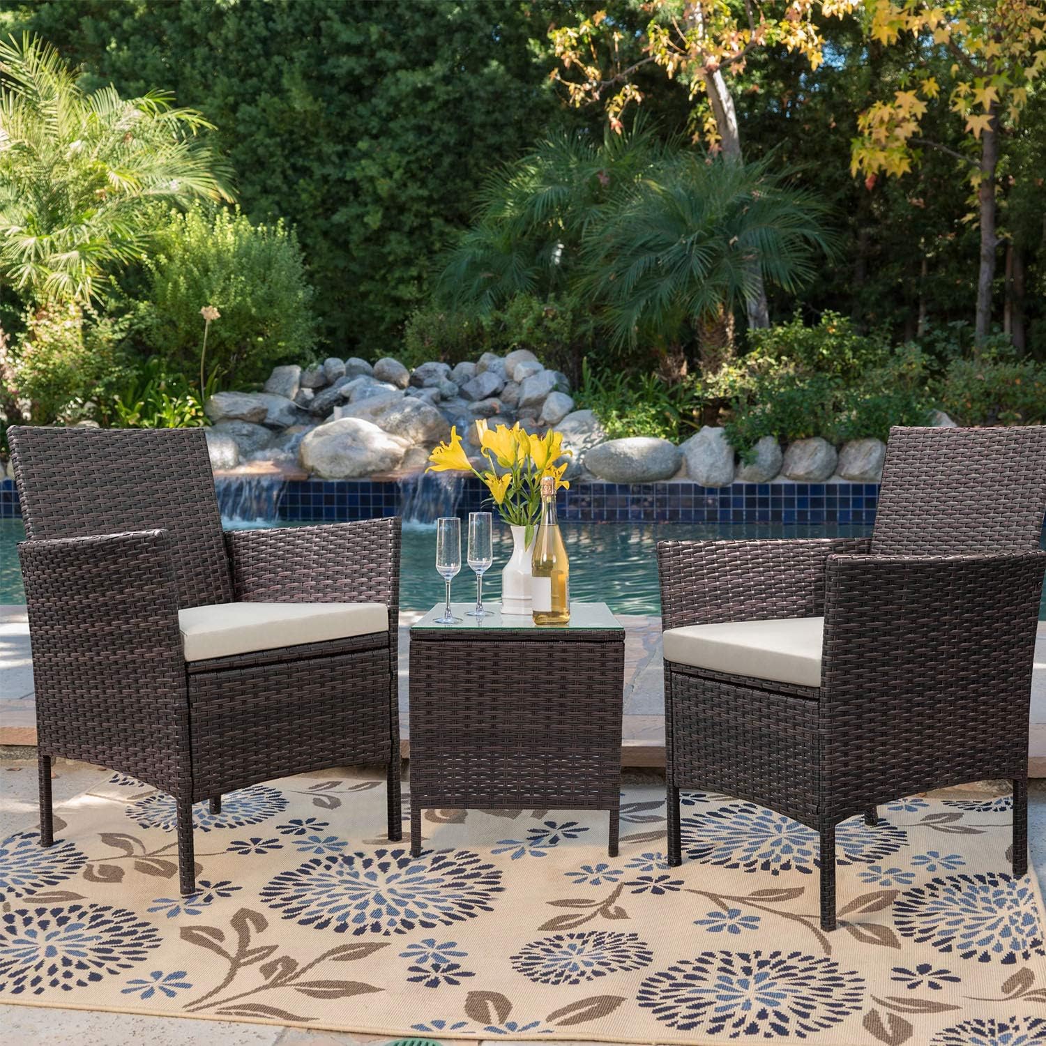 Devoko Patio Porch Furniture Sets 3 Pieces PE Rattan Wicker Chairs with Table Outdoor Garden Furniture Sets (Brown/Beige): Garden & Outdoor