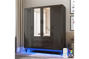 Hlivelood 4 Door Armoire Wardrobe Closet Cabinet with Drawers and LED Lights, Multi-Tier Shelves, Hanging Rod & 4 Louver Doors, Large Capacity Storage Wardrobe Armoire for Bedroom, Black
