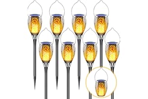 LazyBuddy Solar Lights Outdoor Upgraded 8 Pack, Large Size Solar Torch Light with Flickering Flame, 3-in-1 Fire Effect Solar Tiki Torches for Outside Hanging Lanterns for Garden, Pathway Decorations
