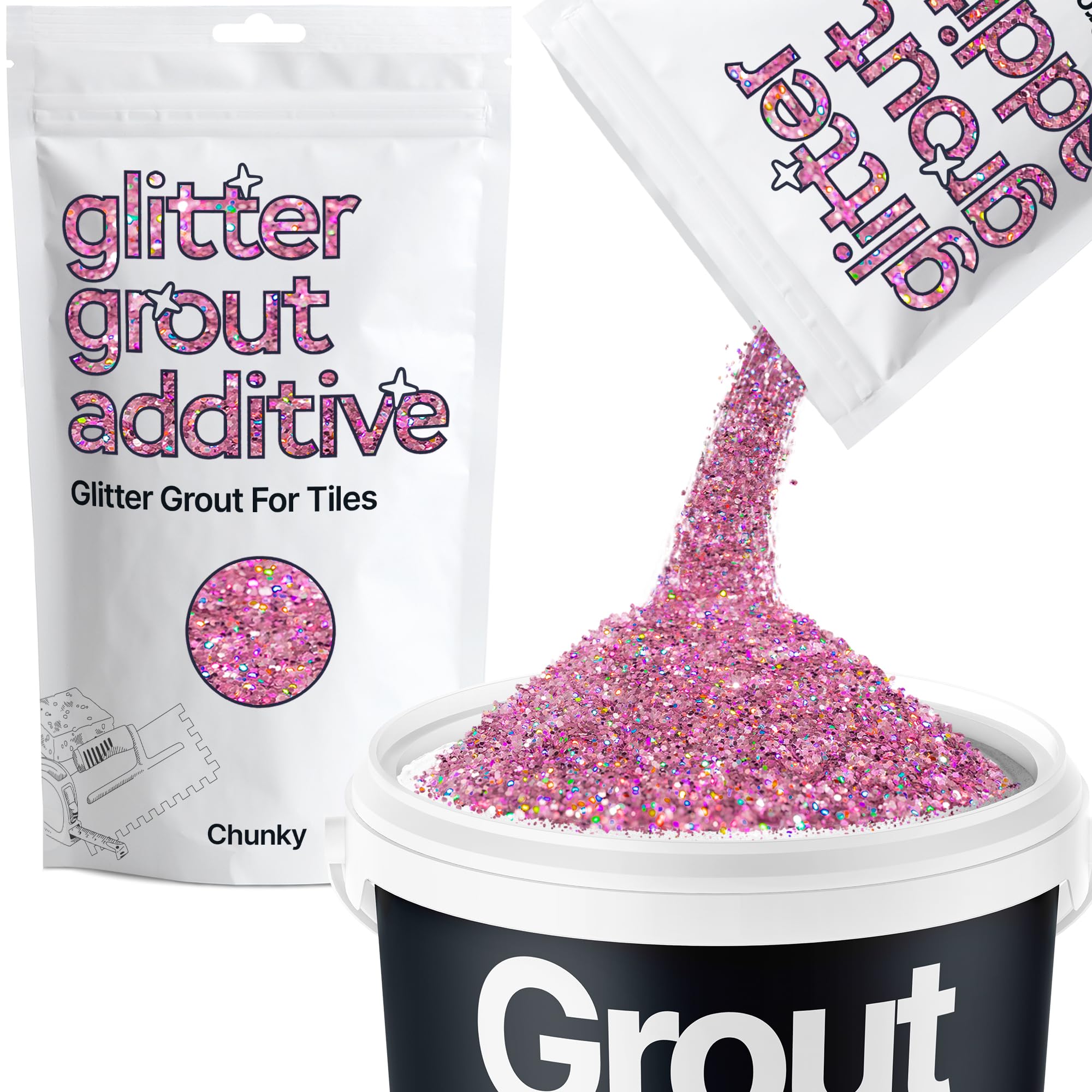 Hemway Pink Holographic Glitter Grout Additive Chunky 100g Metallic Flakes for Adding Sparkle to Kitchen & Bathroom Tiles | Enhance Your Indoor Grouting Projects with a Durable Sparkly Effect