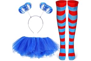 WAYDRESS Tulle Tutu Costume Set Tulle Tutus Skirts Blue Headband Ponytails Long Knee Thigh High Striped Socks for Halloween