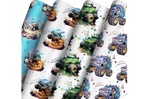 Vnaaem Monster Truck Birthday Wrapping Paper 8 Pc Happy Birthday Gift Wrap Racing Car Art Paper Folded Flat for Boys Kids Baby Shower Holiday 19.6 X27.8Inch