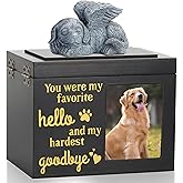 DiDiBirDi Large Dog Urn for Ashes, Black Wooden Pet Keepsake with Photo Frame, Memory Box with Resin Animal Statue and Sealed Storage Bags (120lbs)