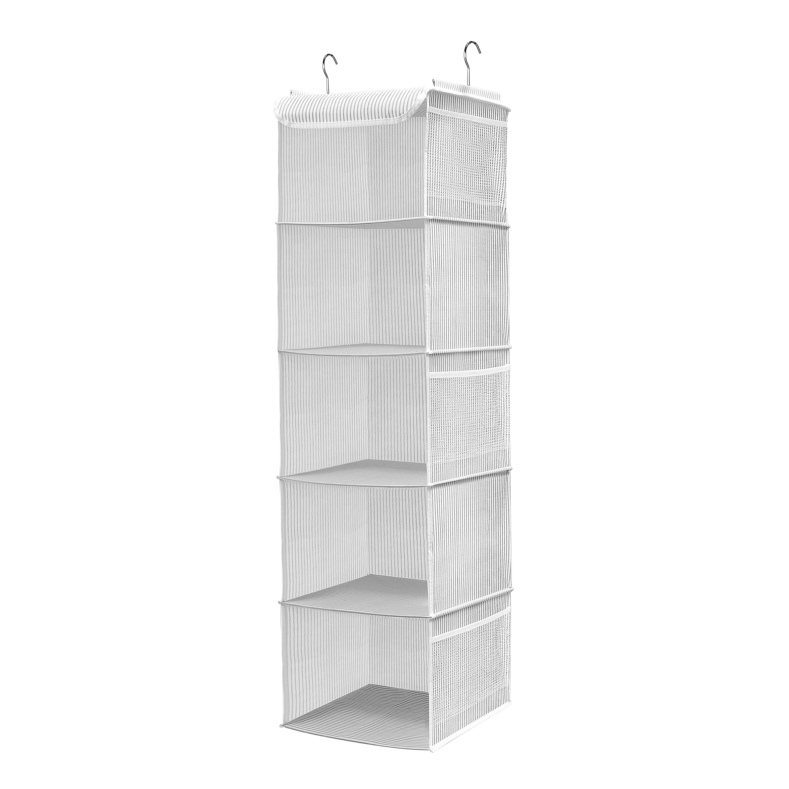 BrilliantJo Hanging Wardrobe Organiser 5 Shelves Closet Storage Hanging Shelves with 6 Side Pockets Clothes - Grey Strip(30 x 30 x 108cm)