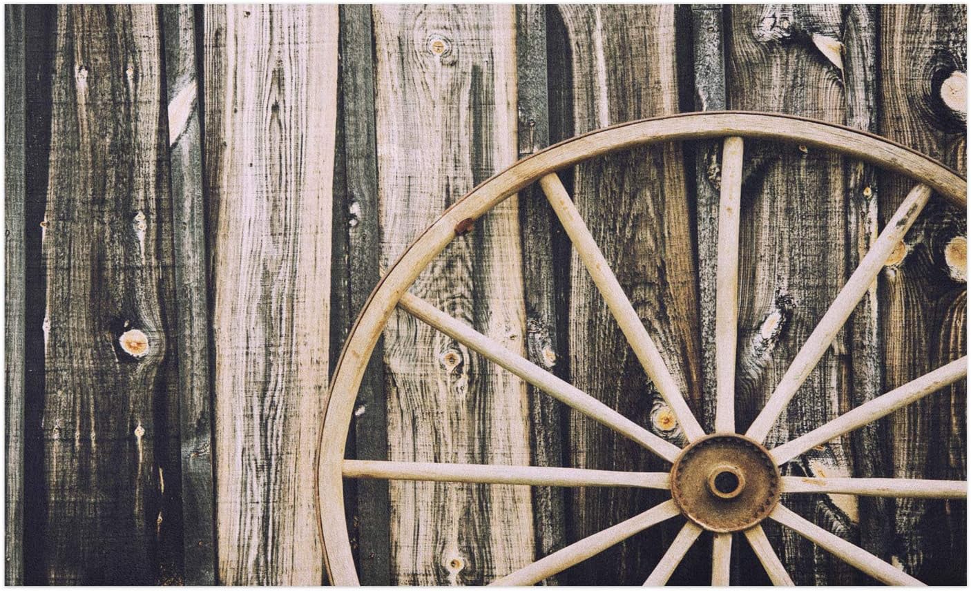 Ambesonne Barn Wood Wagon Wheel Doormat, Wooden Barn Door and Vintage Rusty Wheel Rustic Home Farm, Decorative Polyester Floor Mat with Non-Skid Backing, 30" X 18", Black Brown