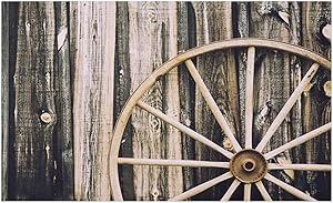 Ambesonne Barn Wood Wagon Wheel Doormat, Wooden Barn Door and Vintage Rusty Wheel Rustic Home Farm, Decorative Polyester Floor Mat with Non-Skid Backing, 30" X 18", Black Brown
