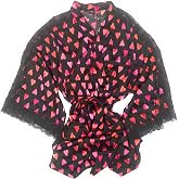 Victoria's Secret Kimono Luxe Satin &amp; Lace Short Robe (US, Alpha, X-Large, XX-Large, Regular, Regular, Black/Orange/Pink)