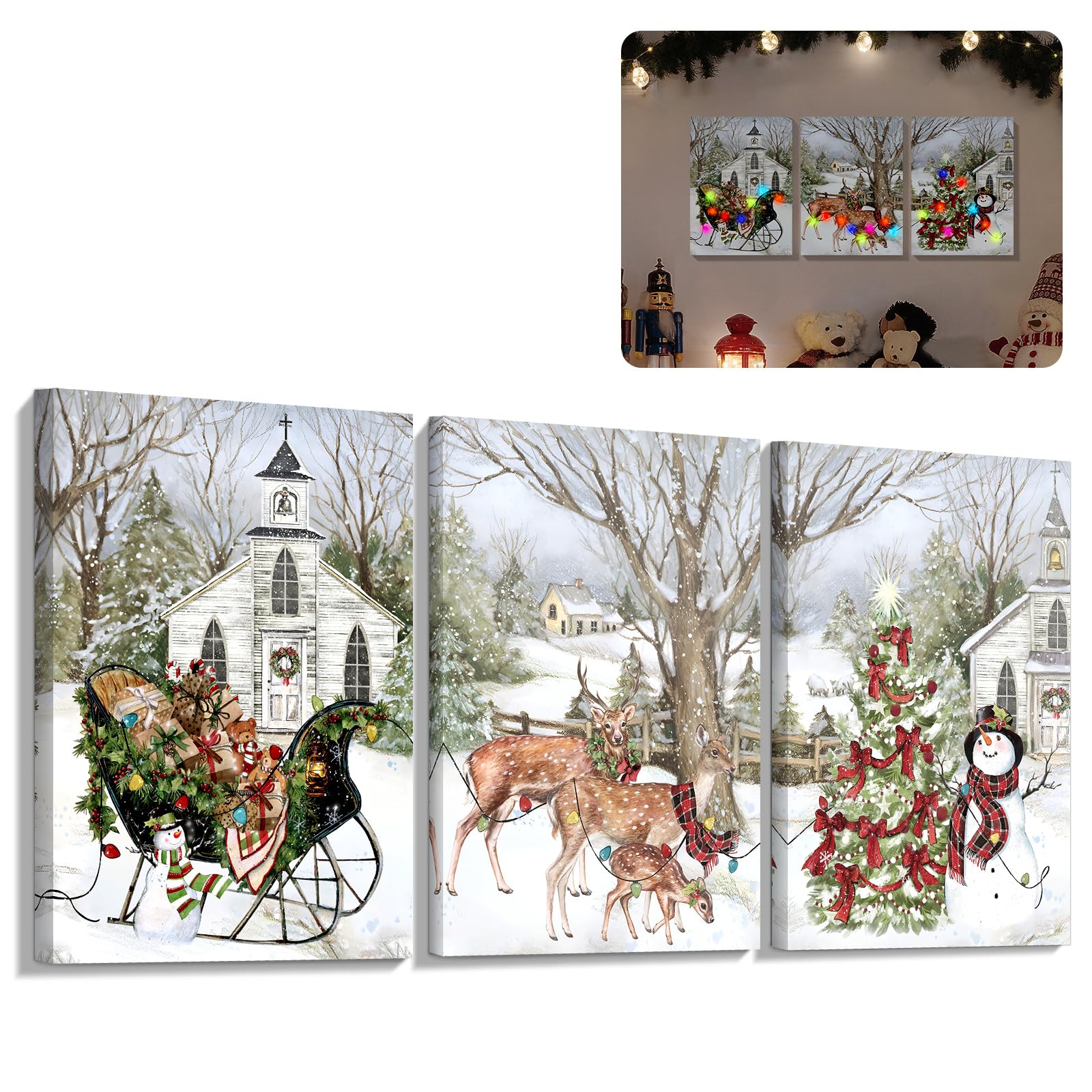 YAKESD Christmas Pictures Wall Decor, 3 Piece Sleigh Deer Snowman ...
