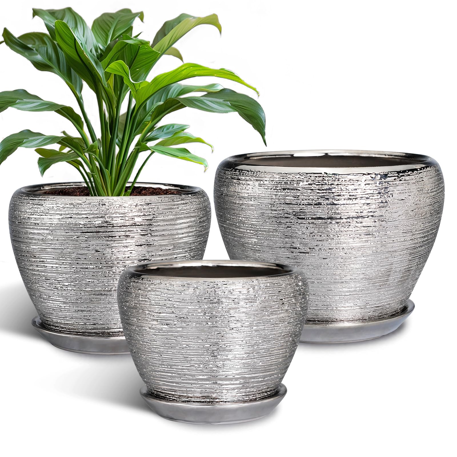 Photo 1 of EPFamily Ceramic Planters - 10 Inch 8 Inch 6 Inch Plant Pots Indoor with Drainage Holes and Saucer Mid-Century Large Planters Outdoor Flower Pots for Home Decor Set of 3 Silver