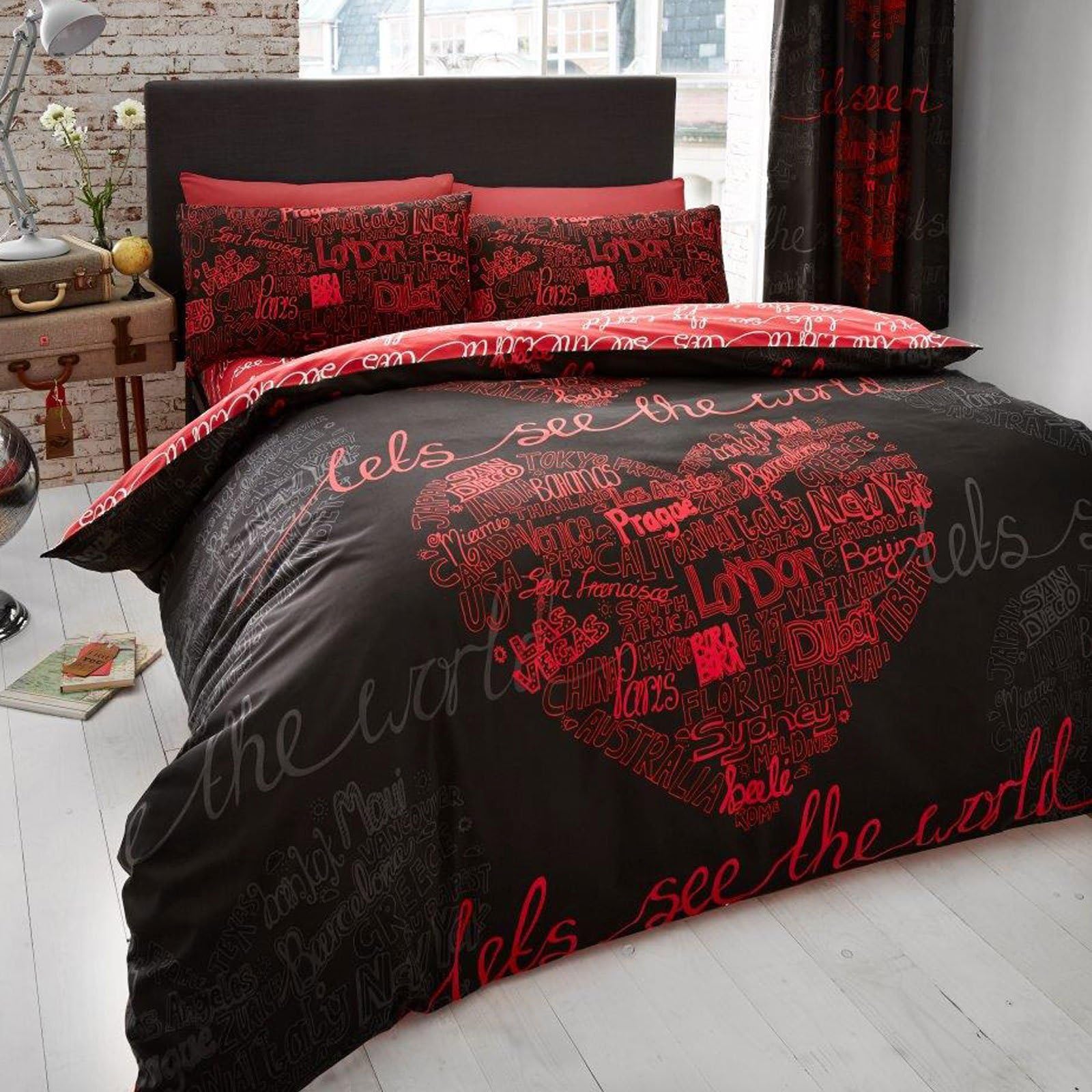 Just Contempo World Love Duvet Cover Set - Single, Black