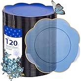LIYH 120 Pcs Clear Blue Dessert Plates 7.5 Inch Cake Plates Disposable Heavy Duty Gold Rim Blue Plastic Plate for Party Wedding Bridal Showers Decor
