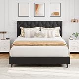 GAOMON Grey Queen Bed Frame with Upholstered Headboard, Heavy-Duty Platform Bed Frame with Strong Wood Slats, No Box Spring Needed/Easy Assembly/Noise Free