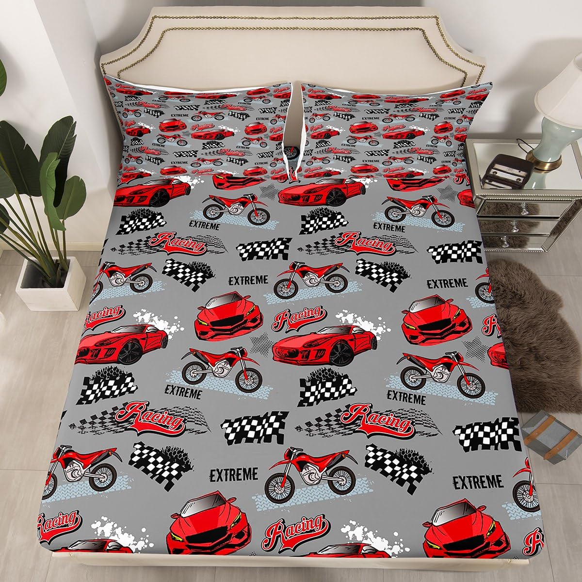 Racing Fitted Sheet Double Size, Red Sports Cars Motorbikes Bedding Set 3pcs for Kids Boys Room Decor, Extreme Sports Theme Bed Cover with 2 Pillowcases, Soft Polyester Bedding