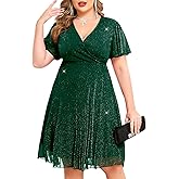 CYCLAMEN Plus Size Sparkly Mesh Dress A Line Short Ruffle Sleeve V Neck Wrap Glitter Dresses Wedding Guest Cocktail Club