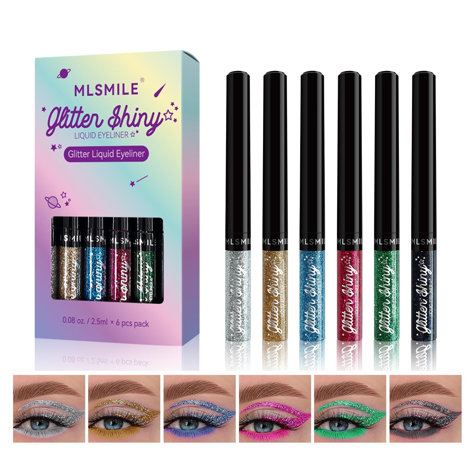 Liquid Glitter Eyeshadow Set, 6Pcs Metallic Shimmer Eye Shadows Eyeliner Pen, Sparkly Liquid Eyeshadow Stick, Long Lasting Colored Liquid Eyeliner Set Metallic Eye Glitter Makeup (B)