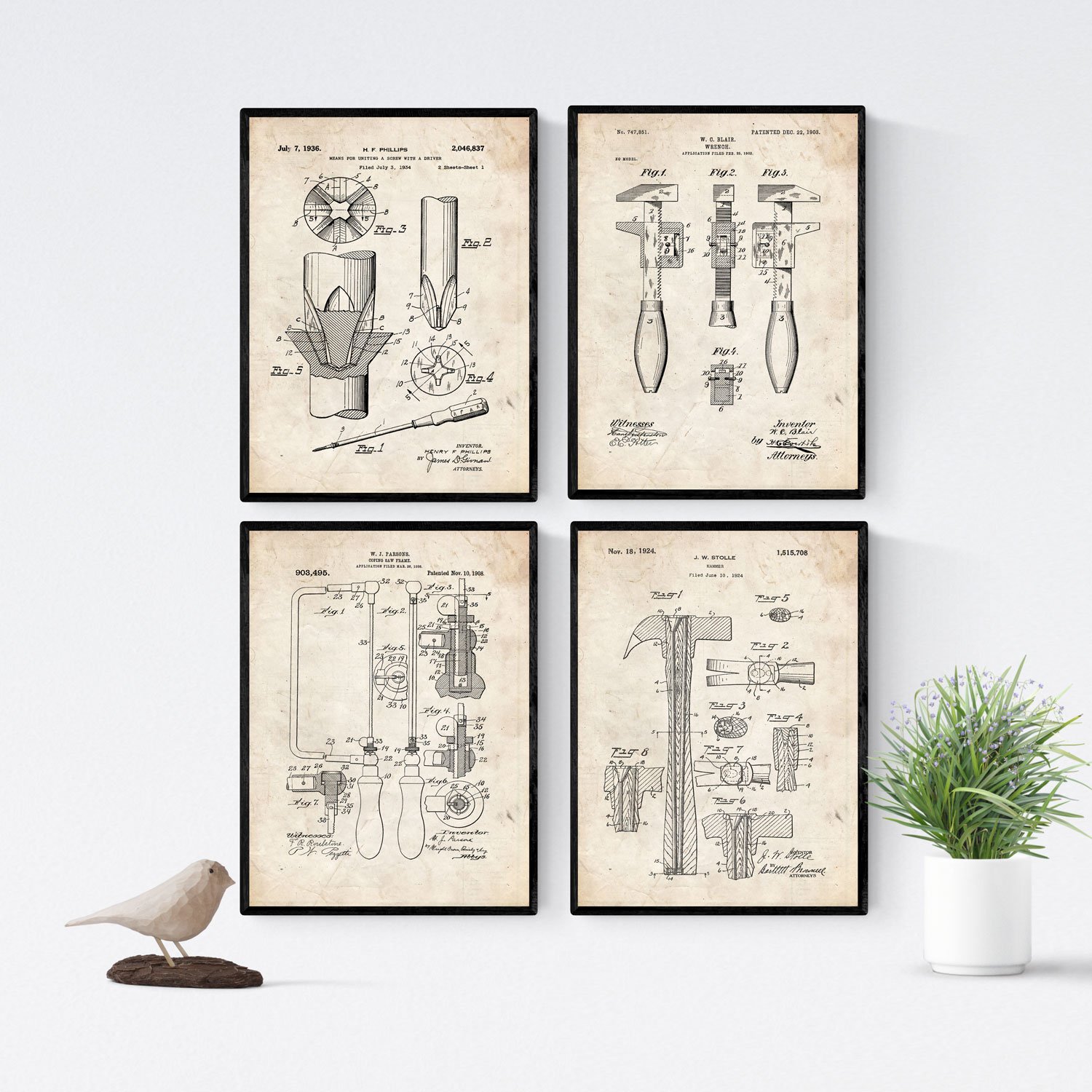 Nacnic VINTAGE - Pack of 4 sheets with tool patents. Set posters with inventions and old patents. Choose the color you like. Printed on 250 grams