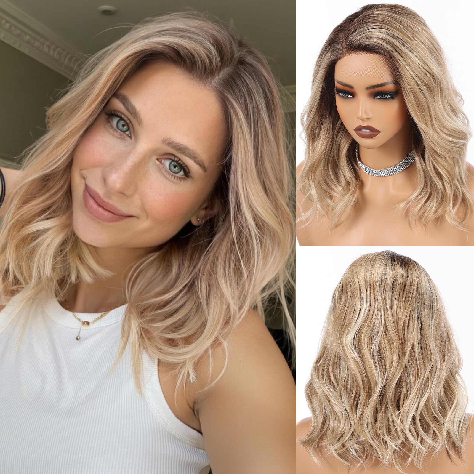 Photo 1 of HAIRCUBE Synthetic T Lace Front Wig,Side-Parted Glueless Lace Wigs for Women, 16-Inch Shoulder Length Wavy Style for Daily Wear, Party & Date (Ombre Ash Blonde)