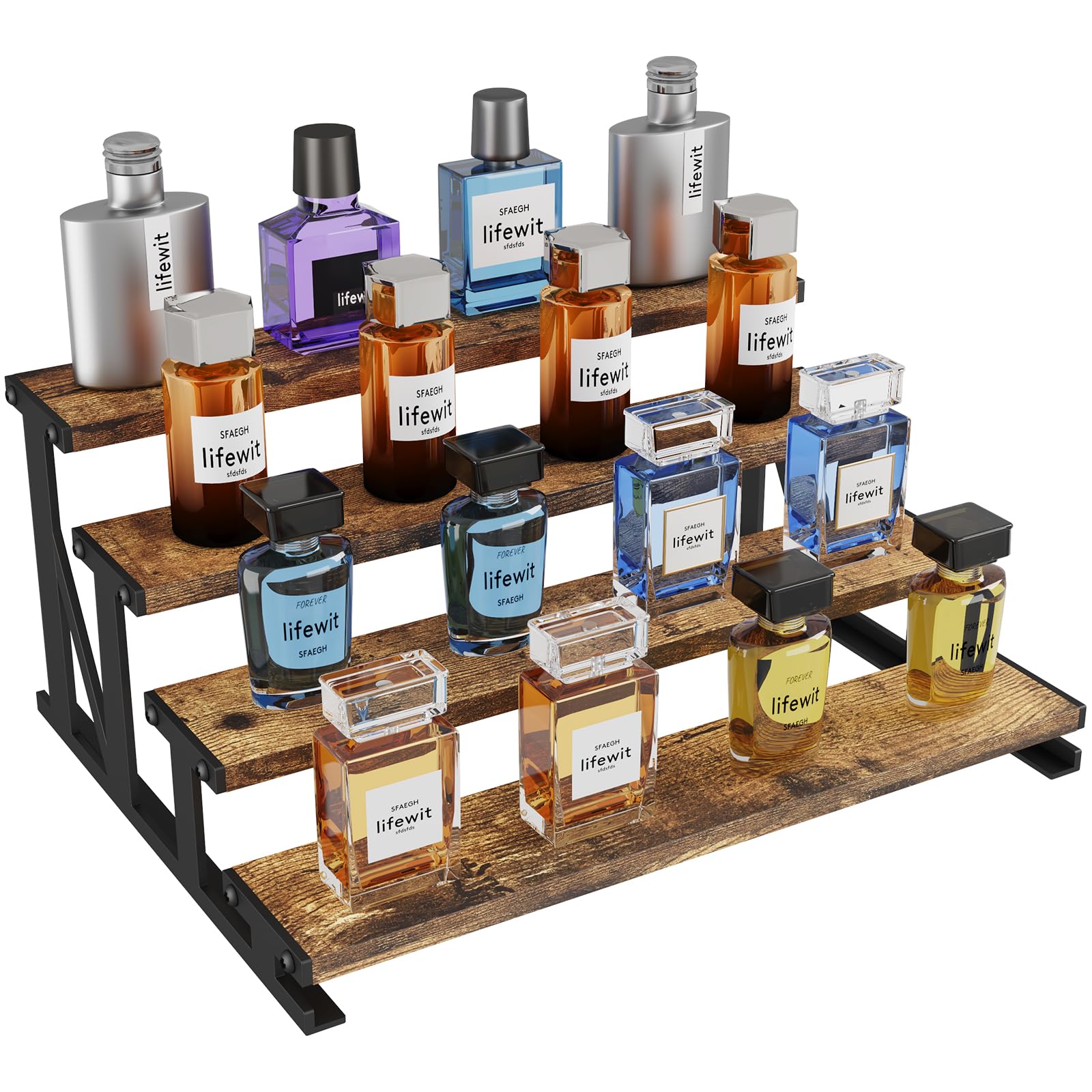 Photo 1 of Lifewit 4-Tier Wooden Dispaly Riser with Metal Stand, 13.9 Inch Step Cologne Stand, Perfume Organizer, Display Shelf for Fragrance, Skincare, Figurine, Spice, Tabletop, Cabinet, 1 Set, Rustic Brown