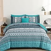 Cottolester Boho King Size Comforter Set 8 Pieces, Teal Comforter Bohemian Striped Bed in A Bag, Soft Microfiber Bedding Set for All Seasons