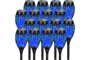AOUNQ Solar Lights Outdoor, Upgraded 16 Pack Blue Solar Torch Light with Flickering Flame for Garden Decor, Waterproof Outdoor Lights Solar Powered, Tiki Torches for Outside Yard Patio Pathway Decor