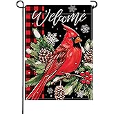 Artofy Welcome Christmas Cardinal Small Decorative Garden Flag, Xmas Red Bird Pine Cone Needle Yard Lawn Outside Decor, Winter Holiday Plaid Burlap Outdoor Home Decoration Double Sided 12 x 18
