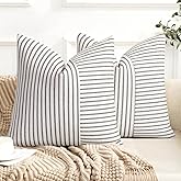 YCOLL Farmhouse Pillow Covers 22x22, Modern Accent Throw Pillow Covers Set of 2, Navy and Beige Striped Patchwork Linen Decorative Pillows Cushion Covers for Couch Chair Bedroom Home Decor