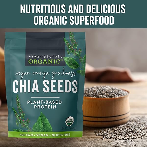 VIVA NATURALS ORGANIC CHIA SEEDS, 2 LB, 32 OZ – PLANT-BASED OMEGA-3 AND VEGAN PROTEIN, GLUTEN FREE & NON-GMO, PERFECT FOR SMOOTHIES, SALADS & CHIA PUDDING