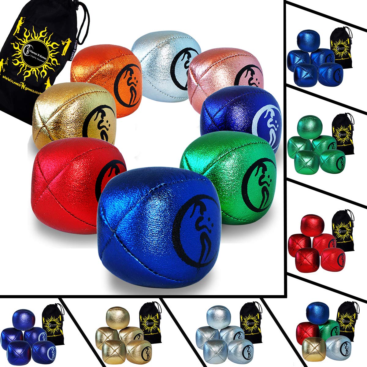 Flames 'N Games Metallic leather Juggling balls set of 5 - Pro Juggling Balls for all abilities! (Blue) *Price is for one set of 5 juggling balls*