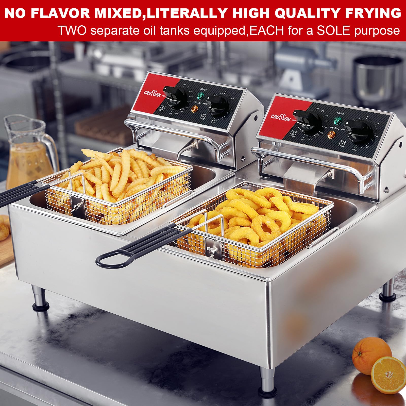 CROSSON 12L Elektrische Fritteuse mit doppeltem Tank und rotierendem Fritteusenkopf, 30-Minuten-Timer, EGO-Thermostat, Aufsatzfritteuse für den gewerblichen Gebrauch 2