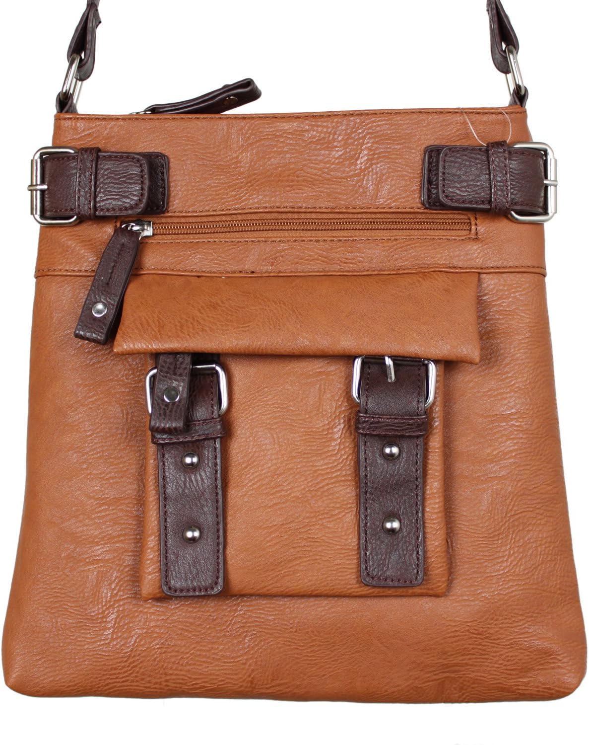 Shop Chic Designer Style Large Faux Leather Tan Cross Body Bag with Strap Accents