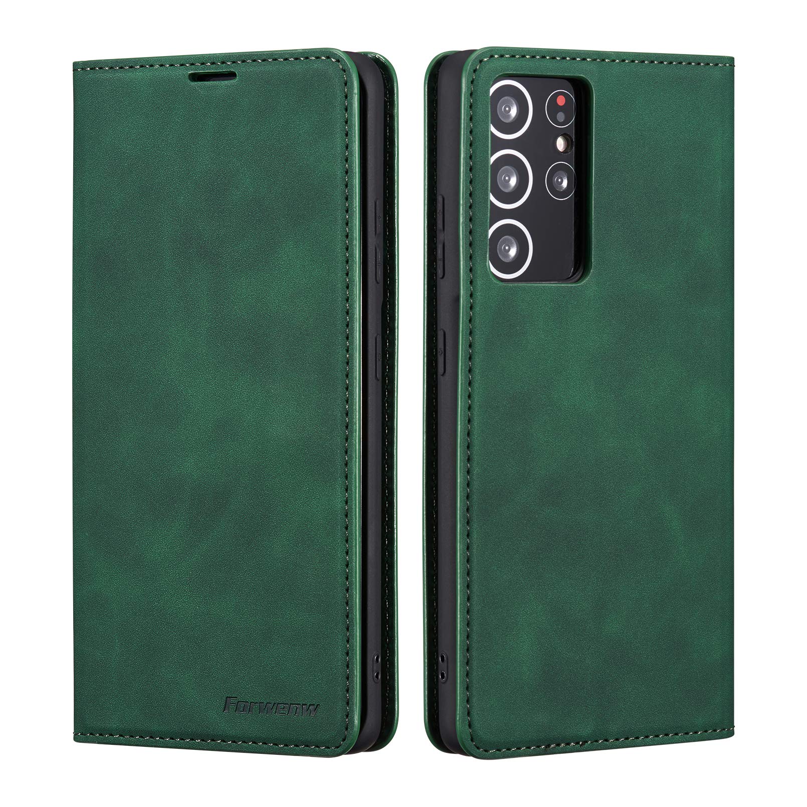 QLTYPRI Case for Samsung Galaxy S21 Ultra 5G, Premium PU Leather Cover TPU Bumper with Card Holder Kickstand Hidden Magnetic Adsorption Flip Wallet Case Cover for Samsung Galaxy S21 Ultra 5G - Green