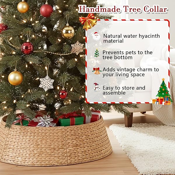 CHRISTMAS TREE COLLAR, EXTRA LARGE ROUND TREE COLLAR HYACINTH HANDWOVEN 42IN, CHRISTMAS TREE RING RATTAN WICKER RUSTIC CORD CUT OUT METAL FRAME DECORATION TO COVER ARTIFICIAL TREE (NATURAL)