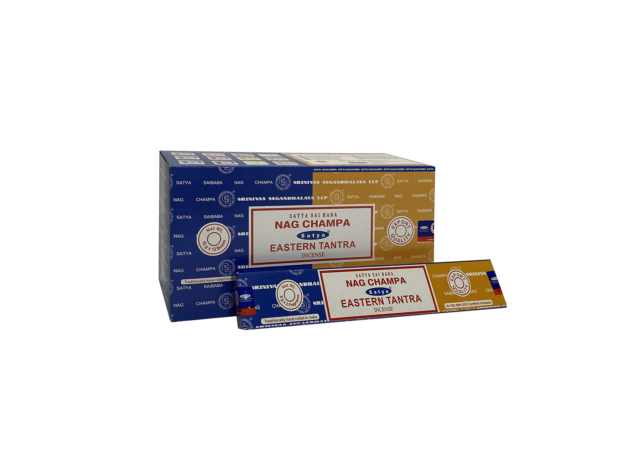 Satya 01313 Nag Champa & Eastern Tantra Combo Set of Incense Sticks, 12 Packs x 16g, One Size, multicolor