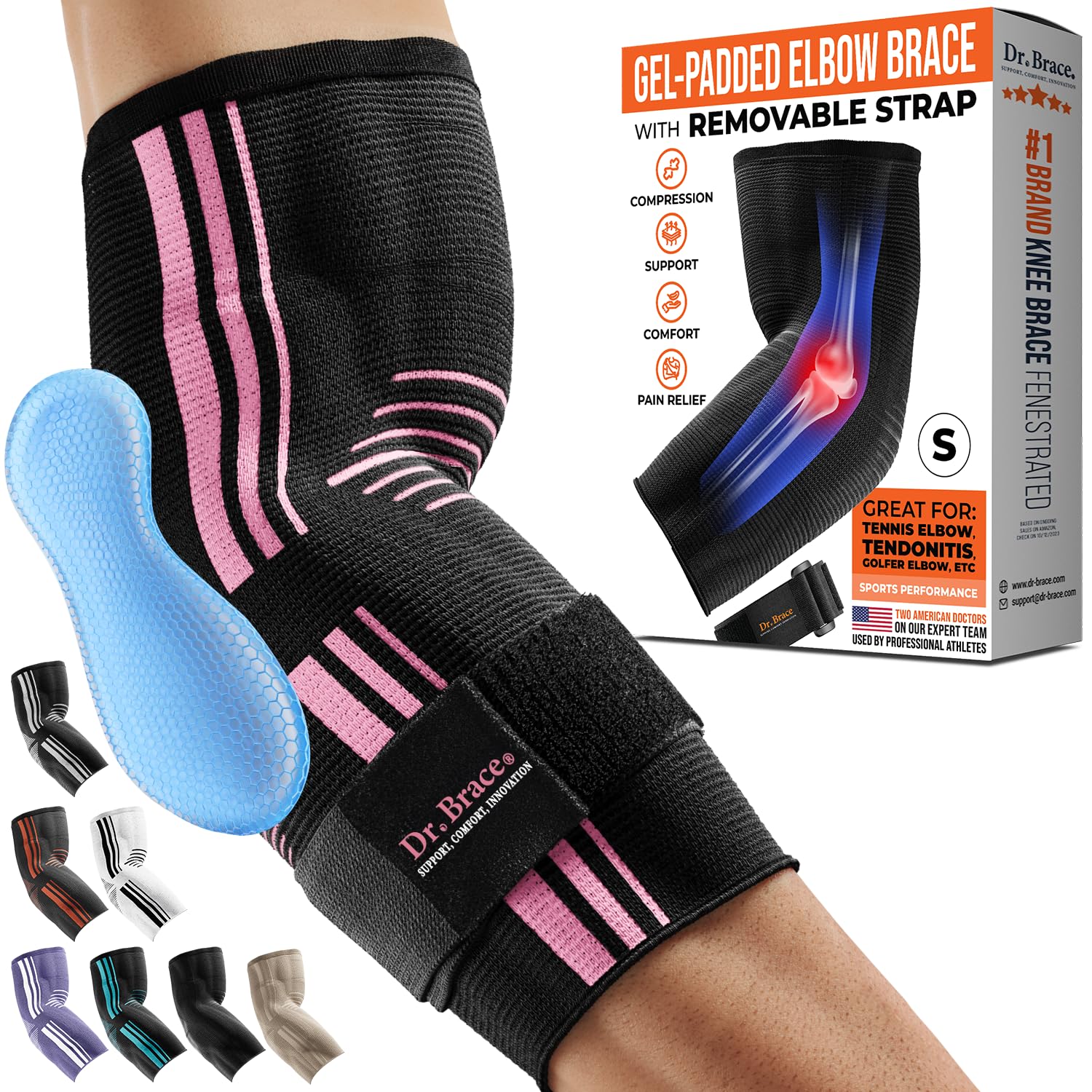 Photo 1 of DR. BRACE® Elite Elbow Brace Support, Breathable Elbow Compression Sleeve with Gel Pad for Golfer's, Tennis Elbow & Tendonitis Treatment & Pain Relief 2024 (Black-Pink, Small)