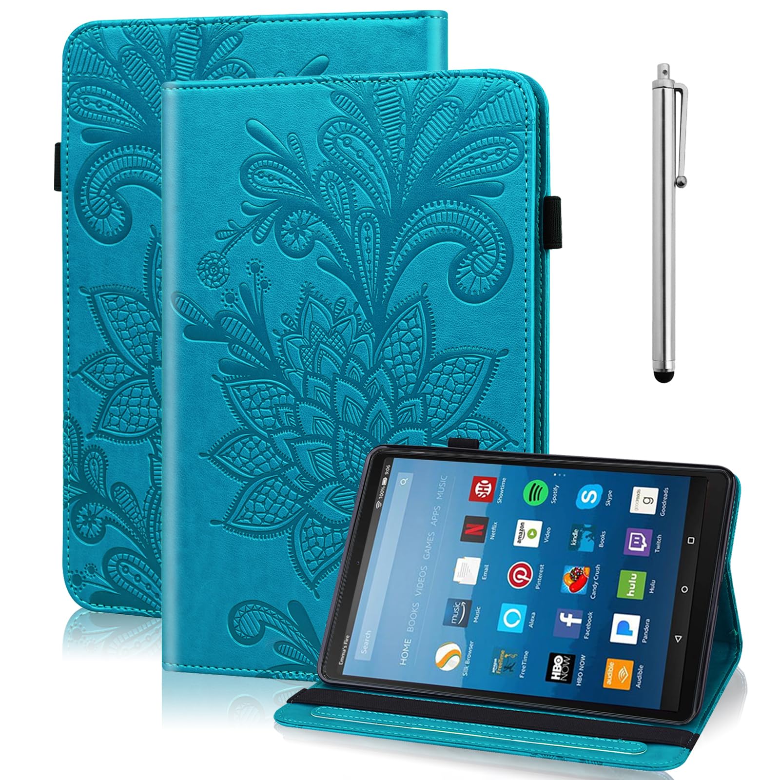 Photo 1 of TUOLISG for Kindle Fire HD 8 Tablet Case 8th/7th/6th Generation 8 inch with Card Slots, Flower Pattern Embossed PU Leather Folio Wallet Case for Kindle Fire HD 8 2018/2017/2016, Blue
