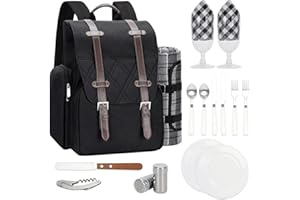 WICKERLAND Picnic Backpack for 2 Person with Large Insulated Cooler Bag, Picnic Basket Set with Wine Pouch, Waterproof Picnic Blanket & Cutlery Set. Perfect for Camping, Party,Wedding Gift for Couple.2P-Black
