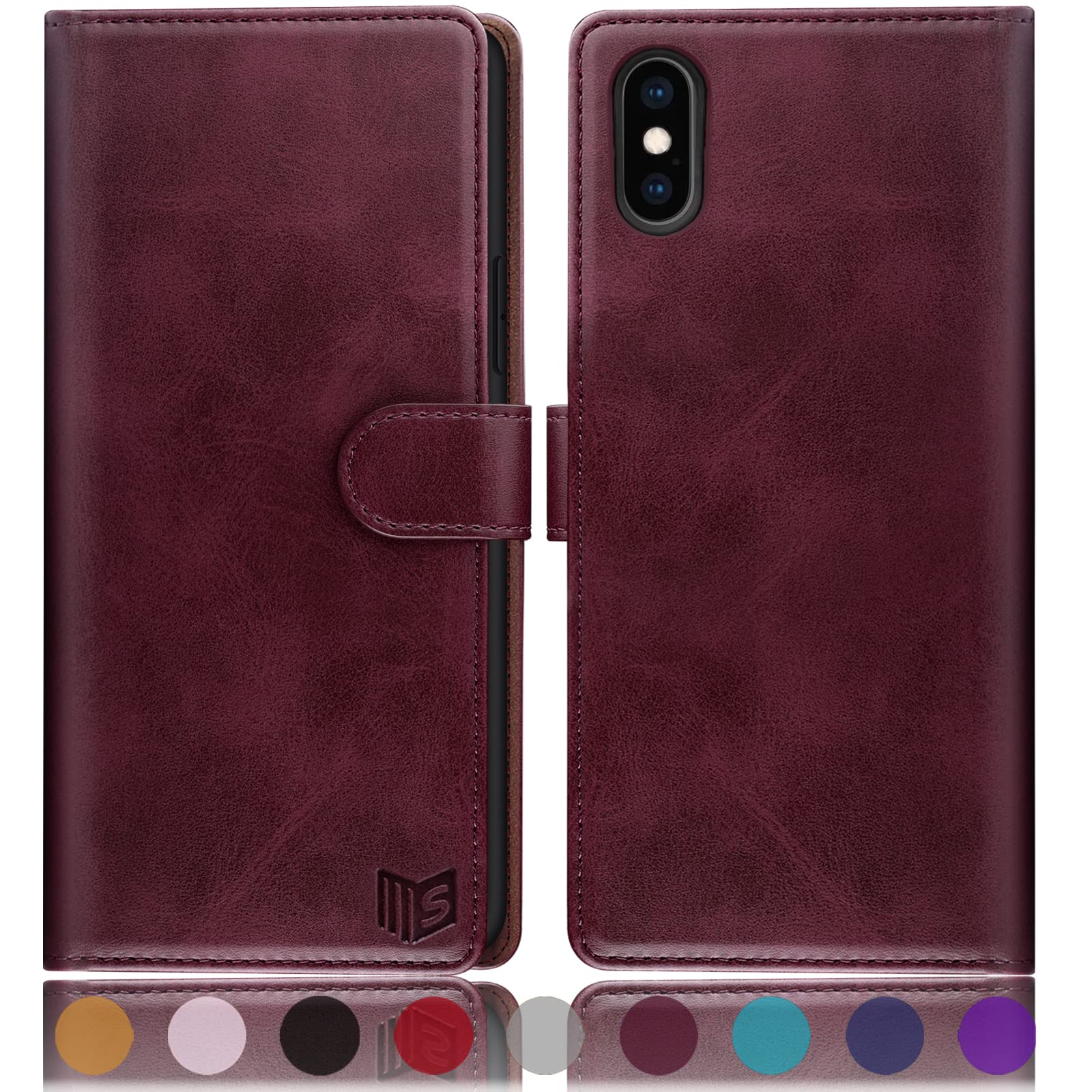 SUANPOT for iPhone X/XS 5.8"case with [Credit Card Holder][RFID Blocking],PU Leather Flip Book Protective Cover Women Men for Apple X/XS Phone case Wine Red