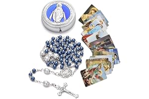 SZQCZB Rosary for Women with Case and 18pcs Prayer Cards, First Communion Gifts for Girls, Glass Pearl Beads and Virgin Mary Medal, Catholic Gifts