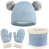 Yaopelky Kid Beanie Hat Scarf Gloves Set Warm Knit Beanie with Pom Poms Neck Warmer Mittens for Boys Girls 3-7 Years