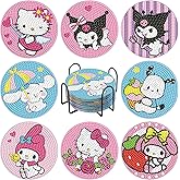 PERFECTSIGHT 8 Pcs DIY Diamond Art Painting Coasters with Holder, Cute Diamond Paint Coaster Kits for Adults, Kawaii Full Drill Diamond Art Craft Supplies, Paint by Number Non Slip Coaster, Sanlio