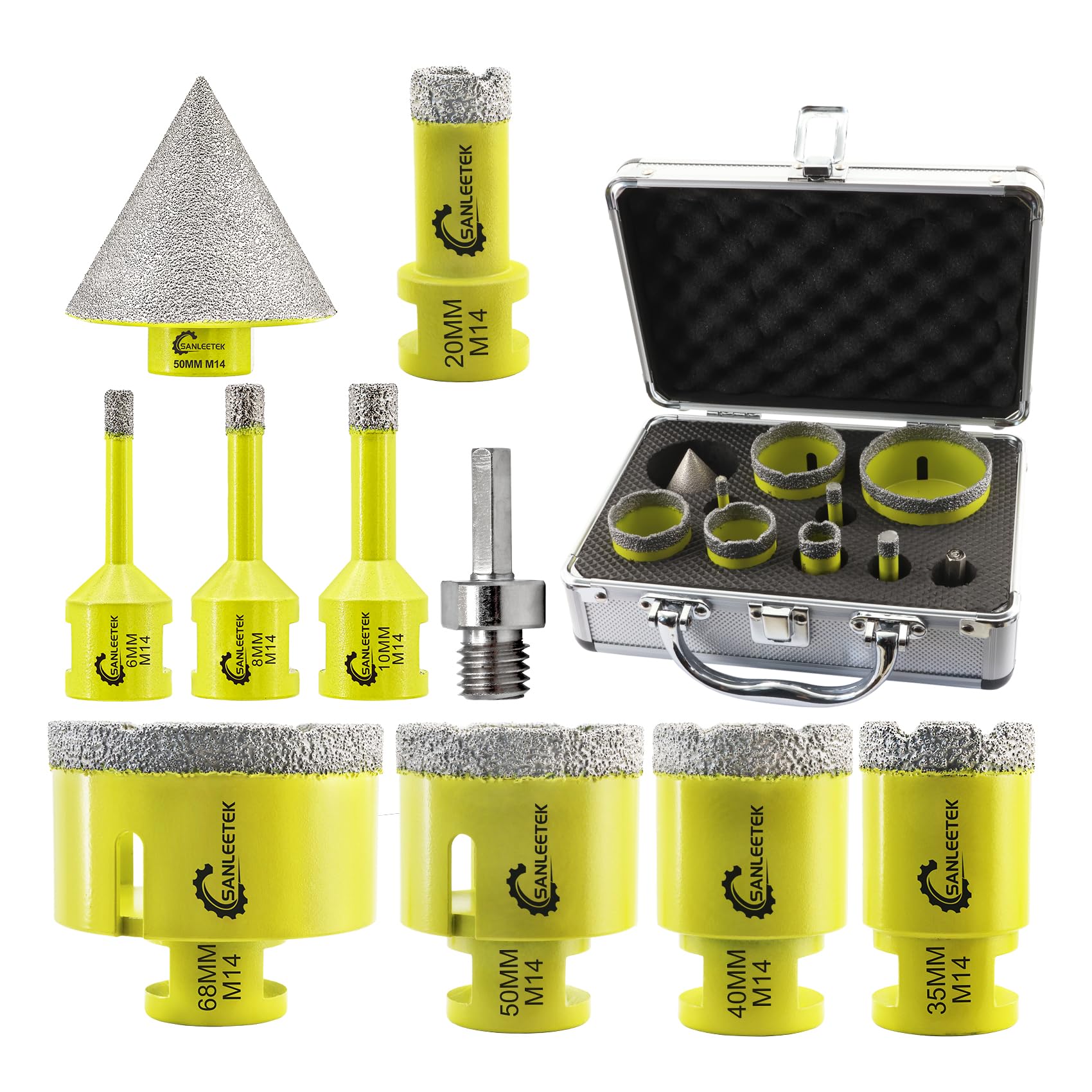 SANLEETEK Tile Hole Saw Kit - Diamond Core Drill Bits Set 10pcs (6/8/10/20/35/40/50/68mm+50mm Beveling Chamfer Bit+Hex Adapter) for Porcelain Tile Ceramic Marble Granite with M14 Thread — image 1