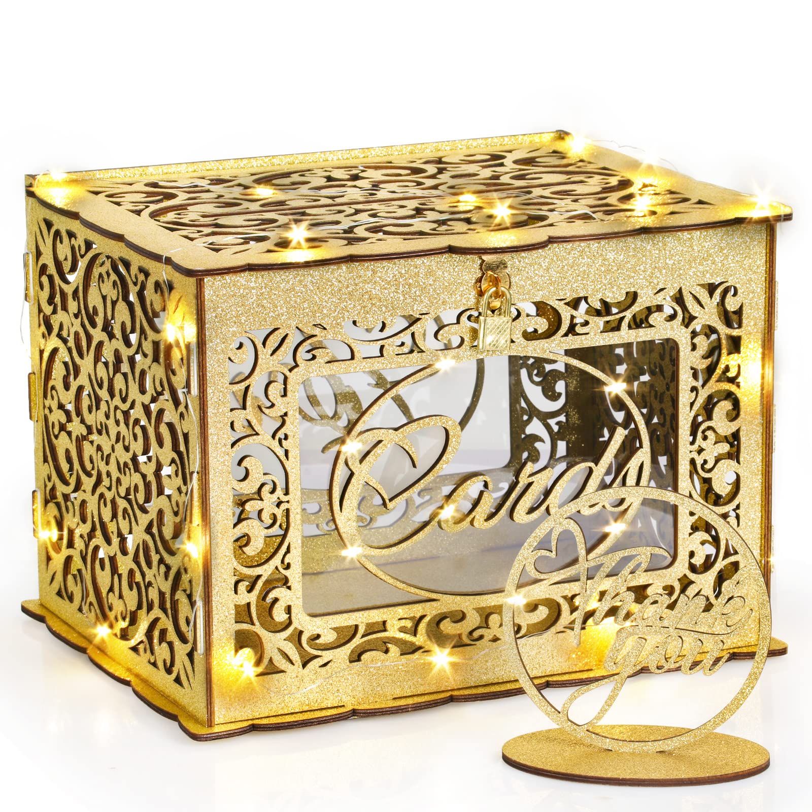 Photo 1 of Gold Wedding Card Box with Lock and LED Fairy Lights, Wooden Gift Card Box Money Box Holder for Wedding Reception, Graduation Party, Bridal Shower, Keepsake Party Favor, Cosmetic Home Decoration